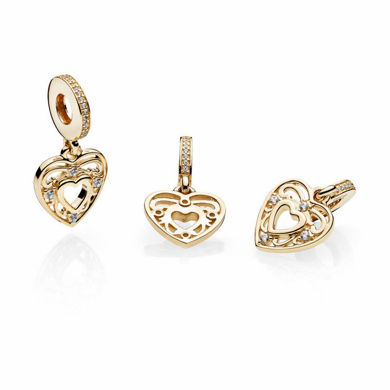 Pandora Romantic Heart Dangle Charm - Yellow Gold 14 K/Cubic Zirconia - Canada | OL9607OB